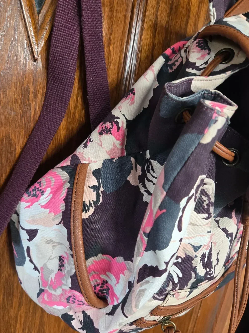 American Eagle Floral Canvas Drawstring Backpack with Pink & Cream Blooms